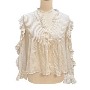 Mi Ami White Pintuck Ruffle Sleeve Boho Blouse Size Small